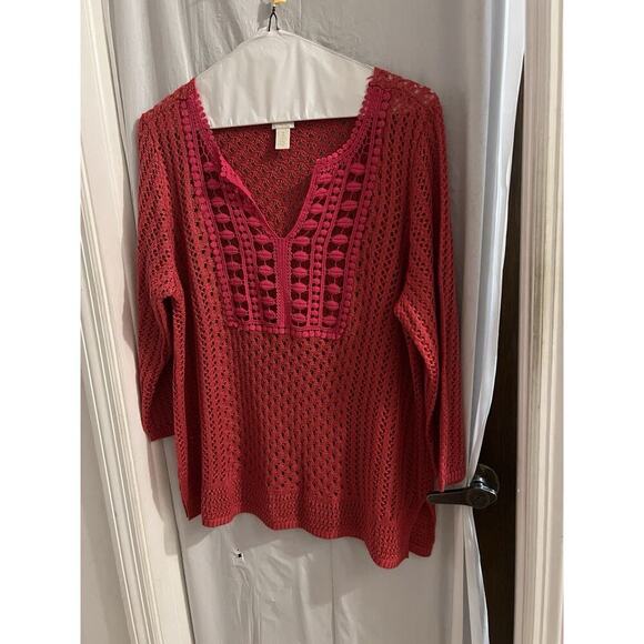 Chicos Pink Crochet Open Knit V Neck Cover Up Sz 3/xl Boho Beach Resort Cruise - Picture 1 of 6